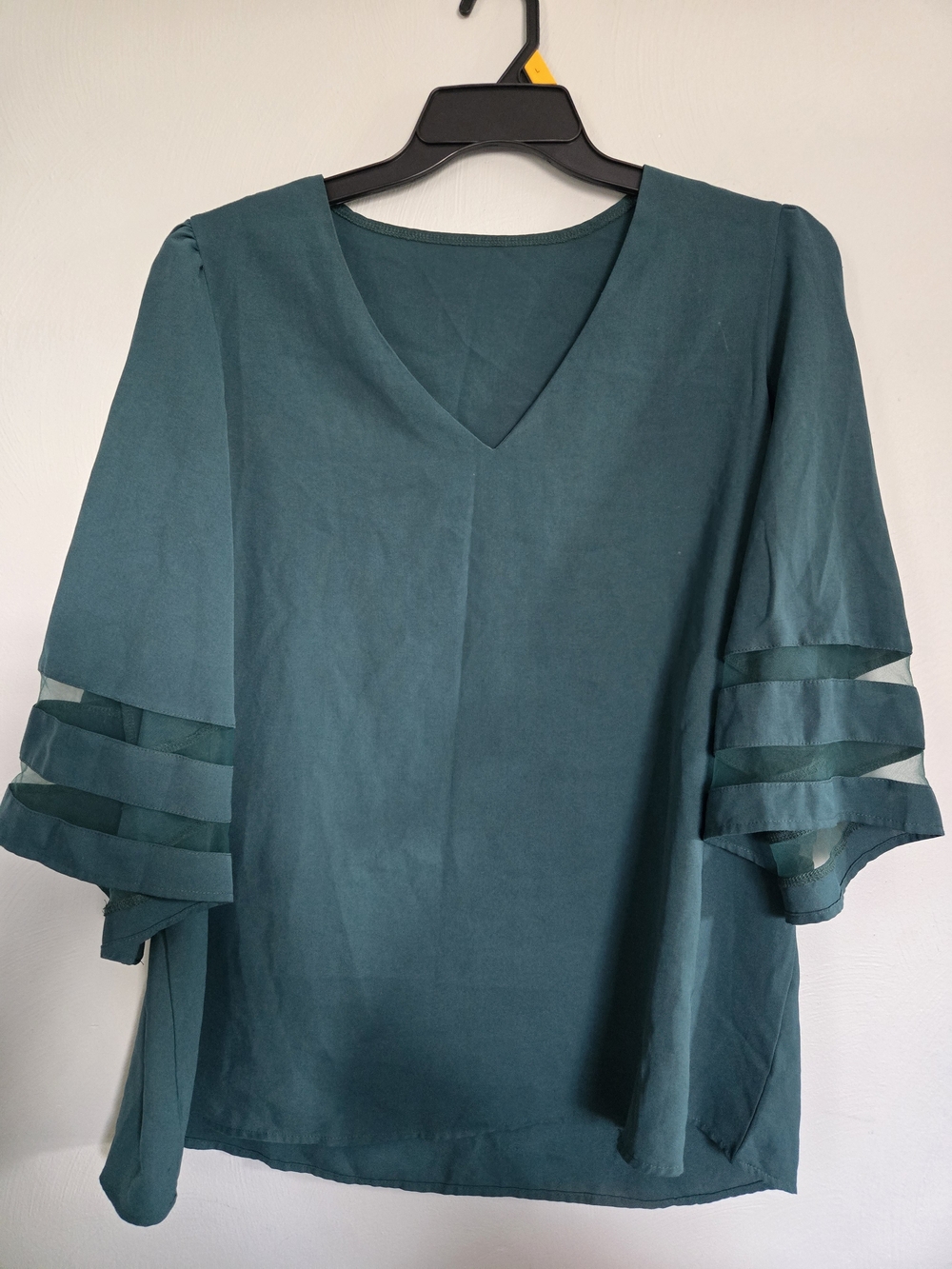 Women's Dark Teal V-Neck Blouse with Sheer Sleeve Stripes